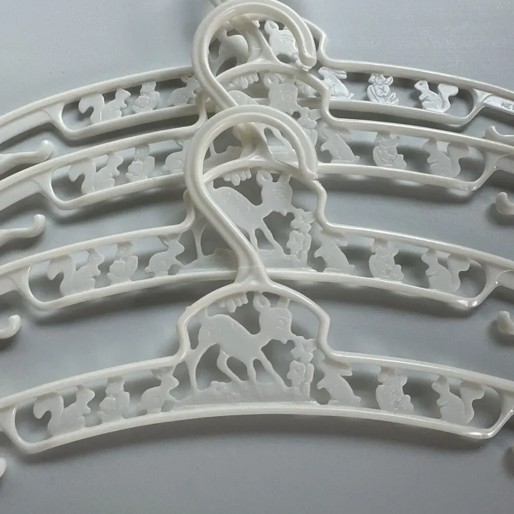 4 Vintage Baby World USA Plastic Kids Hangers - White, Bambi & Forest Friends